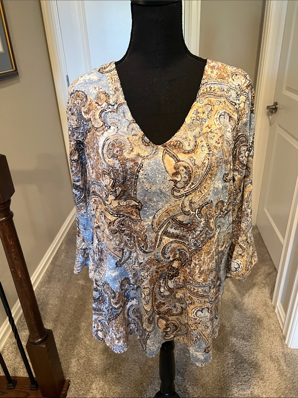 Avenue Paisley V-Neck Tunic Top - Blue, Brown & Cream